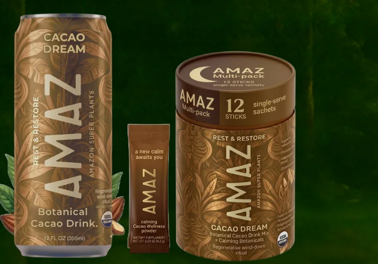AMAZ Wellness products: Cacao Dream botanical cacao drink can, single-serve sachet and 12-stick multi-pack.